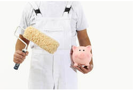 Employee of Peintre Victoriaville dressed all in white with a scroll in one hand and a piggy bank in pink color.